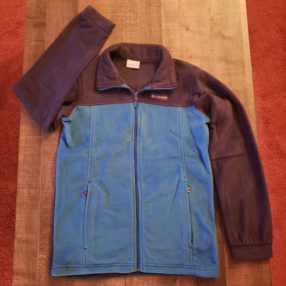 L (10/12) Boys' Columbia Fleece Full Zip Front Jacket Bright Blue/Navy EUC
